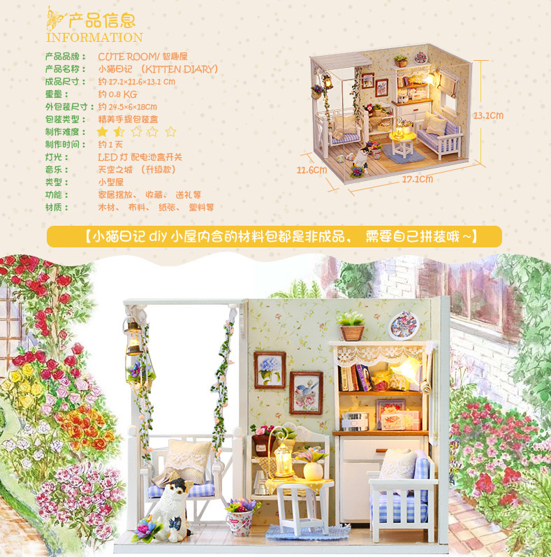 Cute Room DIY Cottage Kitten Diary Handmade House Building Model Toy for Girls Girlfriends Birthday Gift Cute Room DIY Cottage Kitten Diary Handmade House Building Model Toy for Girls Girlfriends Birthday Gift