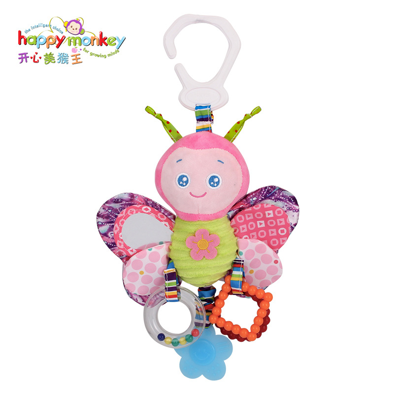 Happy Monkey baby toys 0 and 1 year old car hanging animal bed hang plush toys bell to appease the bell