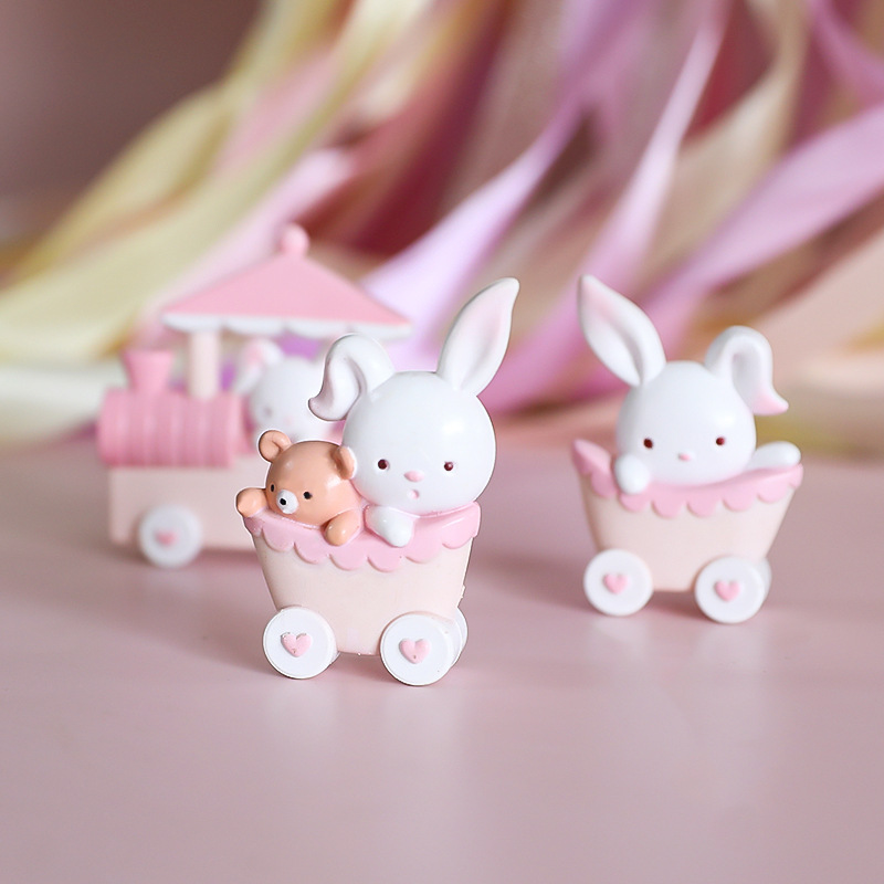 Original Pink Little Bunny Train Birthday Cake Decoration Doll Decoration PVC Material Pink Rabbit Train