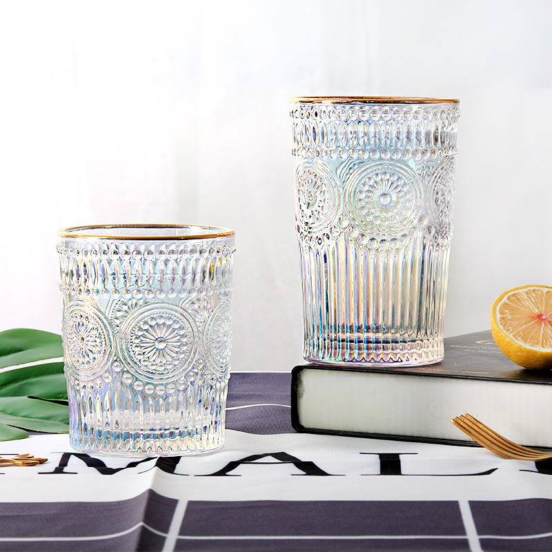  European-Style Vintage Embossed Phnom Penh Taiyanghua Glass Cup Restaurant Milk Tea Shop Cold Drink Juice Cup
