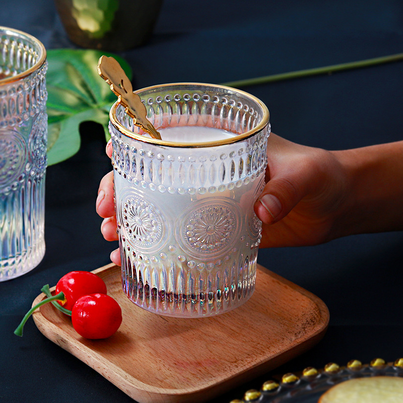  European-Style Vintage Embossed Phnom Penh Taiyanghua Glass Cup Restaurant Milk Tea Shop Cold Drink Juice Cup