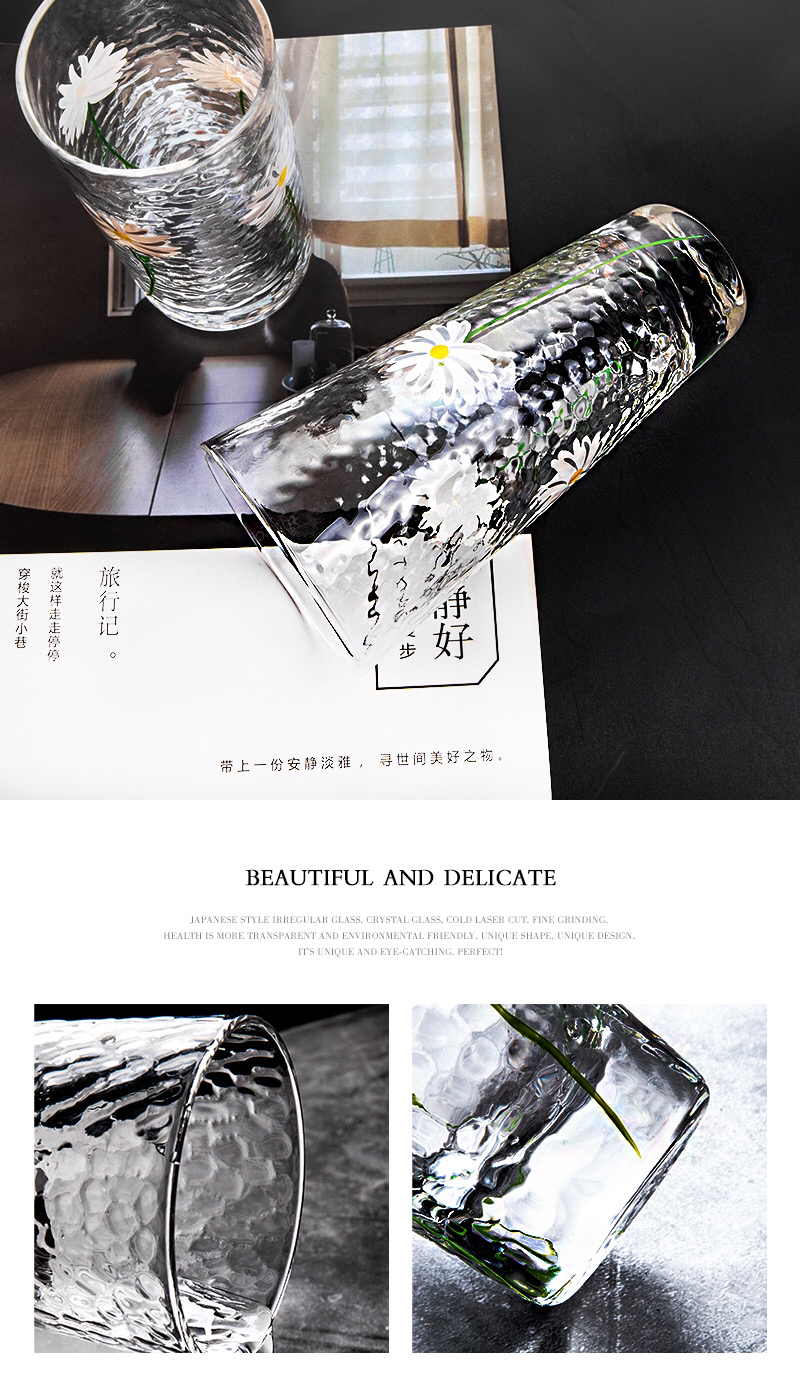 Cup Hand-Painted Little Daisy Japanese Style Hammer Pattern Glass Cup Height Transparent Heat Resistant Household Drinks Juice Snow Top Milk Tea