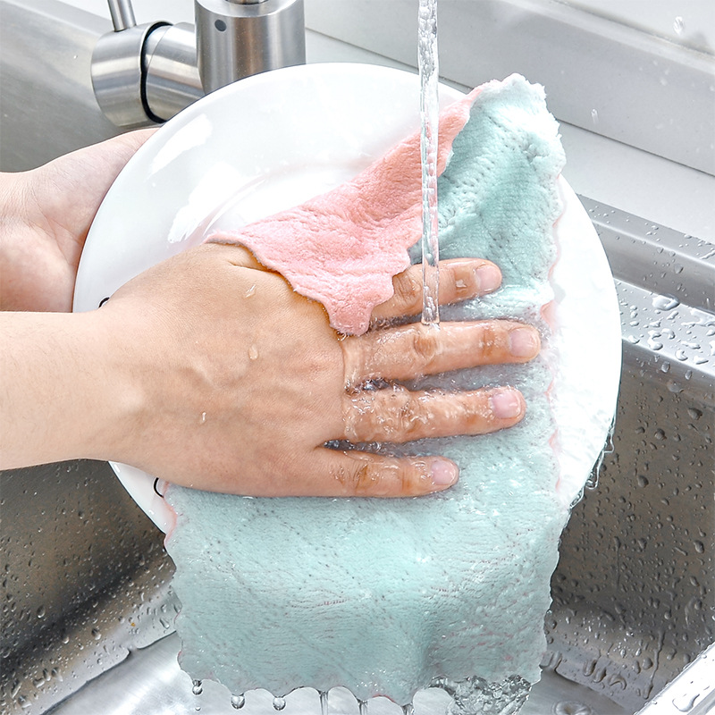 Dish Cloth Double-Sided Two-Color Dish Towel Kitchen Oil-Free Lint-Free Hanging Rag Thickened Scouring Pad