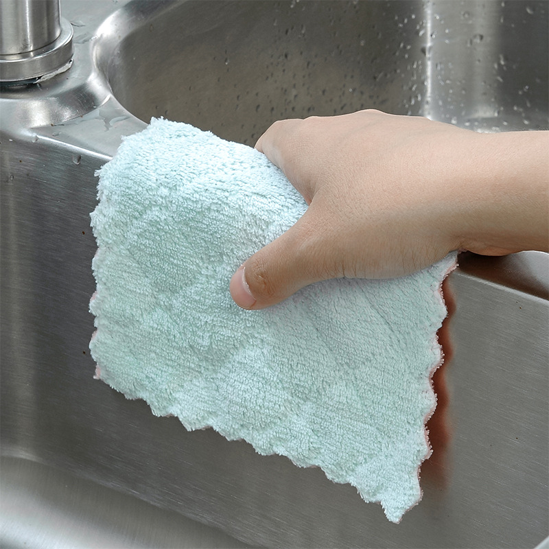 Dish Cloth Double-Sided Two-Color Dish Towel Kitchen Oil-Free Lint-Free Hanging Rag Thickened Scouring Pad