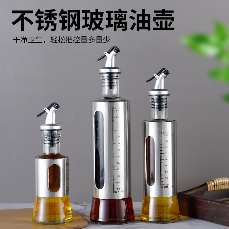 Stainless Steel Oil Bottle Household Kitchen Glass Oiler Scale Press Type Cooking Wine Soy Sauce Vinegar Seasoning Bottle Wholesale