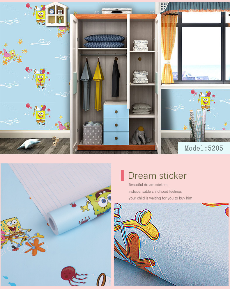 Fudi Wallpaper Thick Self-Adhesive Wallpaper PVC Waterproof Stickers Cartoon Bedroom Background Wall Stickers 10 M