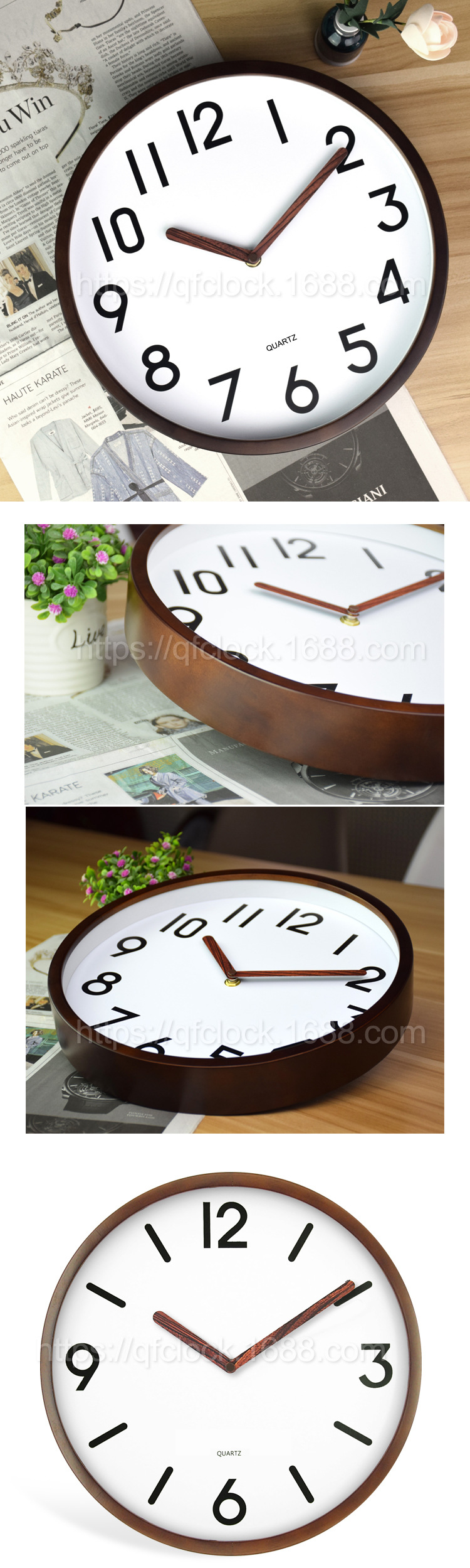 Factory Direct Sales New Wood Grain Wall Clock Beech Fashion Creative Mute Solid Wood Clock Living Room Bedroom round Wall Clocks