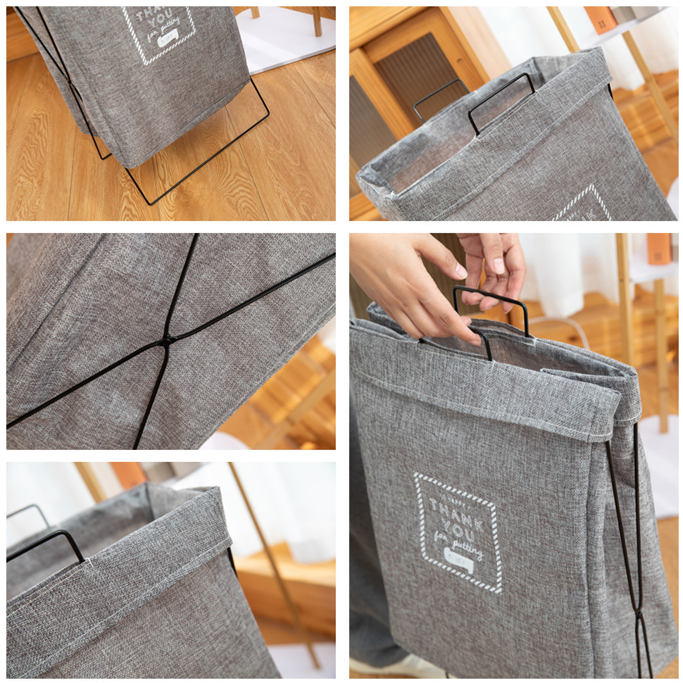 Iron Rack Storage Large Size Laundry Basket Laundry Basket Folding Waterproof Dirty Clothes Basket Cotton Linen Cloth Storage Basket Cross-Border Wholesale