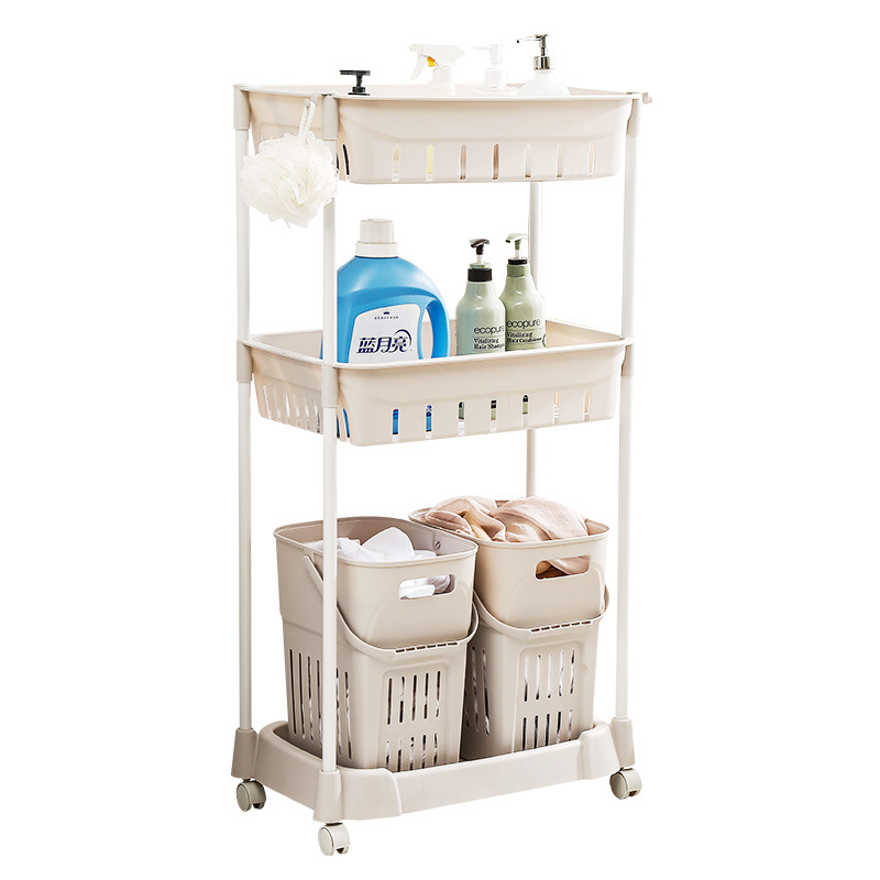 Household Plastic Laundry Basket Bathroom with Pulley Dirty Clothes Storage Basket Double Basket Portable Clothes Dirty Clothes Basket