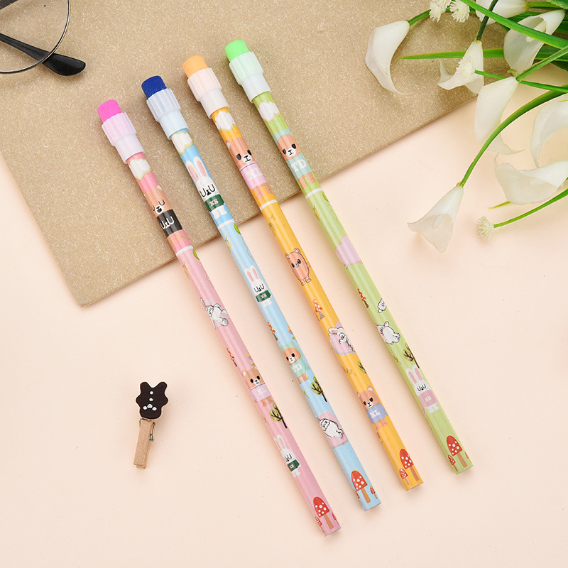 Shunfu Cartoon Four-Color Big Leather Tip Children Student round Brush Pot HB Calligraphy Practice Writing Pencil Pencil Factory
