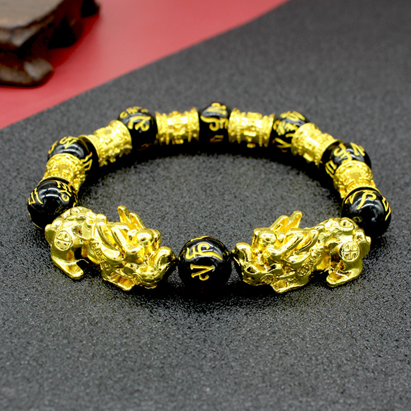 Imitation Obsidian Gilt Pixiu Bracelet Men&#039;s and Women&#039;s SixWord Proverb Buddha Beads Bracelet CrossBorder Sold Jewelry