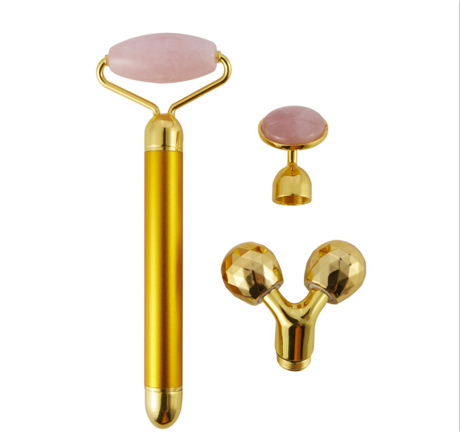 Pink Crystal Jade Gold Stick Electric Three-in-One Roller Jade Beauty Bar Face Slimming Device Replaceable Plug Beauty Massage Stick Pink Crystal Jade Gold Stick Electric Three-in-One Roller Jade Beauty Bar Face Slimming Device Replaceable Plug Beauty Massage Stick