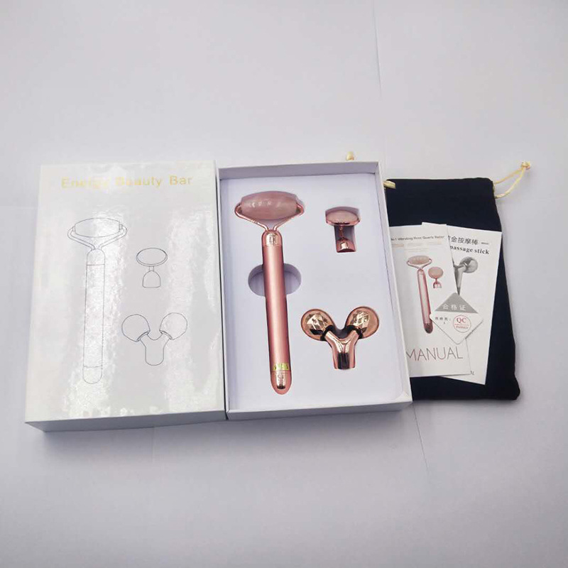 Pink Crystal Jade Gold Stick Electric Three-in-One Roller Jade Beauty Bar Face Slimming Device Replaceable Plug Beauty Massage Stick Pink Crystal Jade Gold Stick Electric Three-in-One Roller Jade Beauty Bar Face Slimming Device Replaceable Plug Beauty Massage Stick