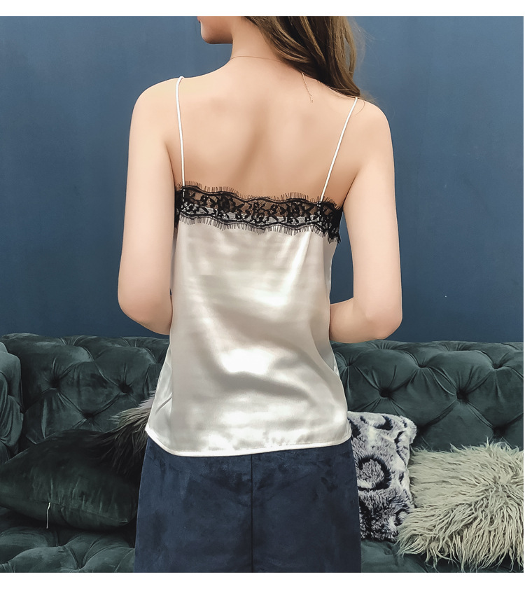 Jialqi Women&#039;s Silk Spaghetti Straps Outerwear Vest Women&#039;s Summer Eyelashes Lace V-neck Chiffon Loose Bottoming Shirt