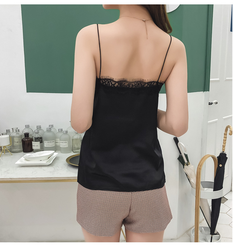 Jialqi Women's Silk Spaghetti Straps Outerwear Vest Women's Summer Eyelashes Lace V-neck Chiffon Loose Bottoming Shirt Jialqi Women's Silk Spaghetti Straps Outerwear Vest Women's Summer Eyelashes Lace V-neck Chiffon Loose Bottoming Shirt