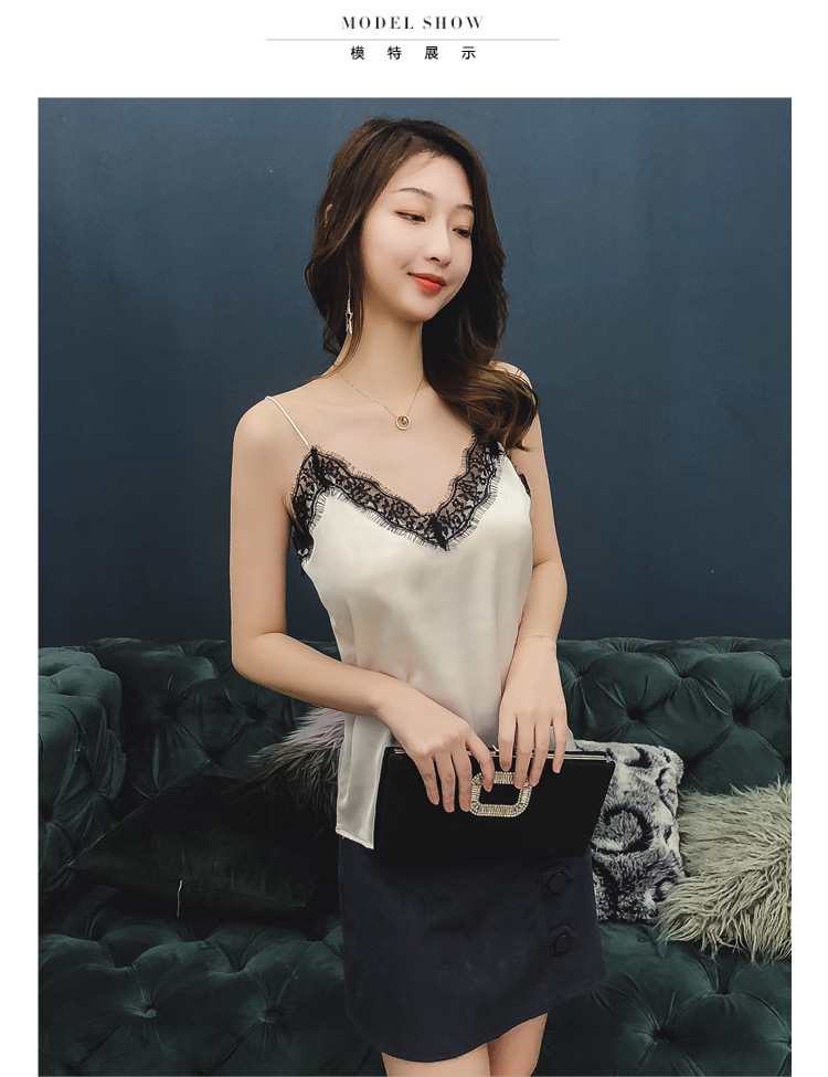 Jialqi Women's Silk Spaghetti Straps Outerwear Vest Women's Summer Eyelashes Lace V-neck Chiffon Loose Bottoming Shirt Jialqi Women's Silk Spaghetti Straps Outerwear Vest Women's Summer Eyelashes Lace V-neck Chiffon Loose Bottoming Shirt