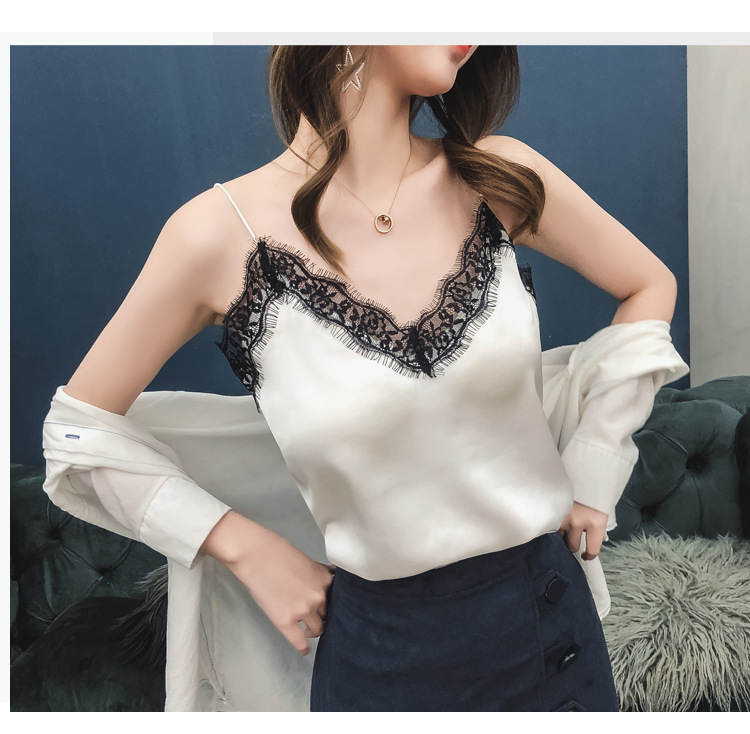 Jialqi Women's Silk Spaghetti Straps Outerwear Vest Women's Summer Eyelashes Lace V-neck Chiffon Loose Bottoming Shirt Jialqi Women's Silk Spaghetti Straps Outerwear Vest Women's Summer Eyelashes Lace V-neck Chiffon Loose Bottoming Shirt