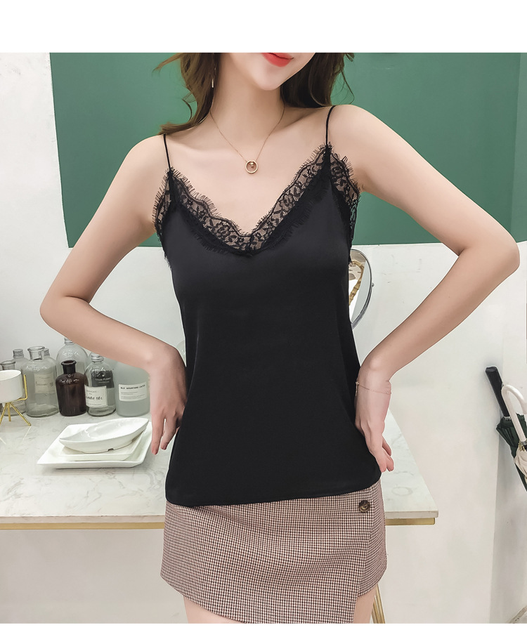 Jialqi Women's Silk Spaghetti Straps Outerwear Vest Women's Summer Eyelashes Lace V-neck Chiffon Loose Bottoming Shirt Jialqi Women's Silk Spaghetti Straps Outerwear Vest Women's Summer Eyelashes Lace V-neck Chiffon Loose Bottoming Shirt