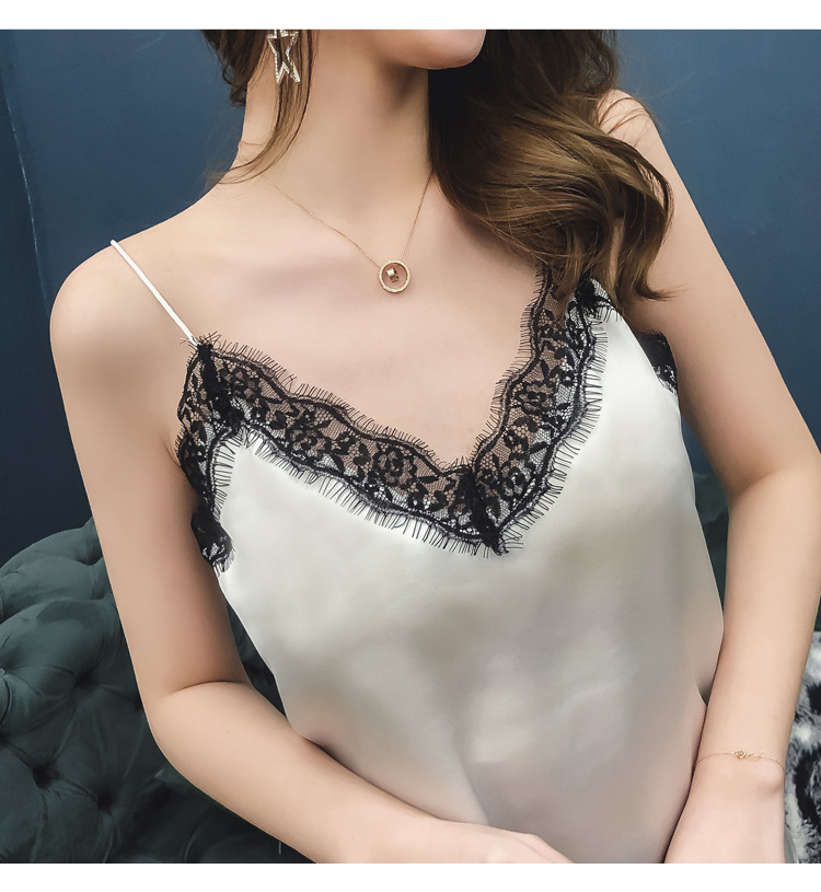 Jialqi Women's Silk Spaghetti Straps Outerwear Vest Women's Summer Eyelashes Lace V-neck Chiffon Loose Bottoming Shirt Jialqi Women's Silk Spaghetti Straps Outerwear Vest Women's Summer Eyelashes Lace V-neck Chiffon Loose Bottoming Shirt