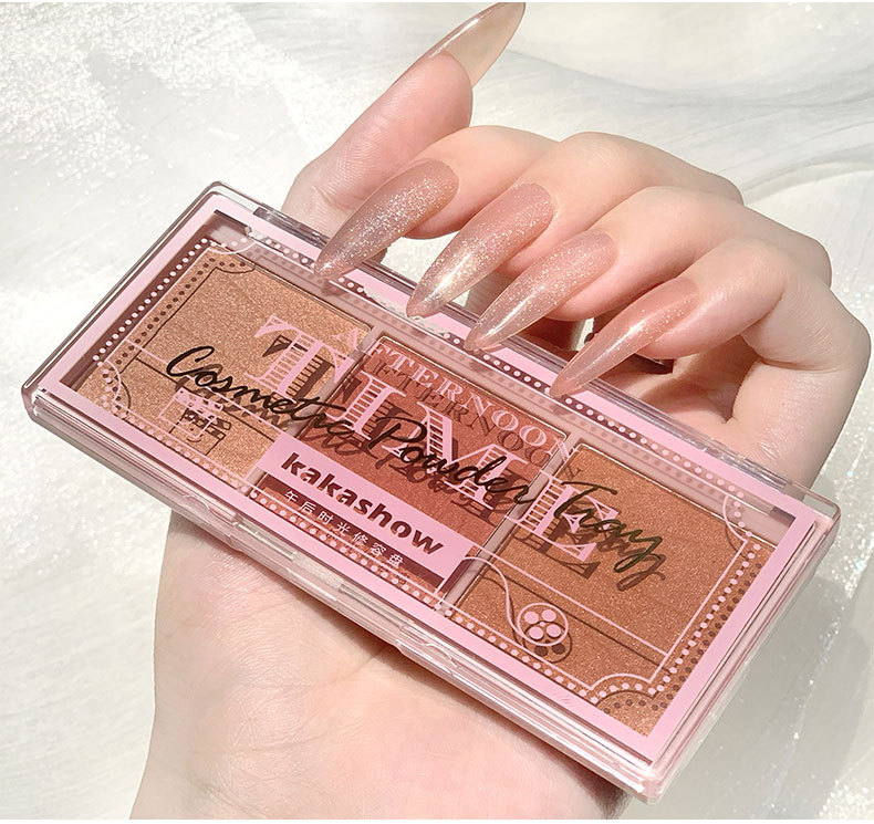 Kakashow Three Colors Blusher Plate Natural Nude Rouge Afternoon Tea Blush Highlight Contour Compact Autumn and Winter Warm Female
