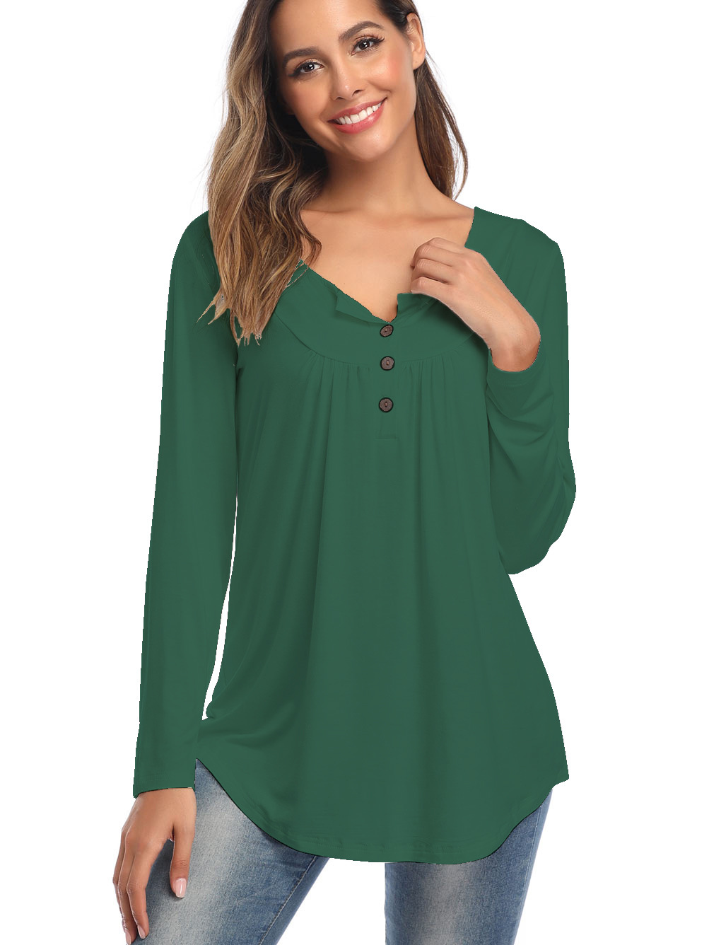 Amazon Popular 2019 Autumn New Large Size Dress V-neck Button Long-Sleeved Upper Garment Plain Pleated Loose T-shirt Amazon Popular 2019 Autumn New Large Size Dress V-neck Button Long-Sleeved Upper Garment Plain Pleated Loose T-shirt