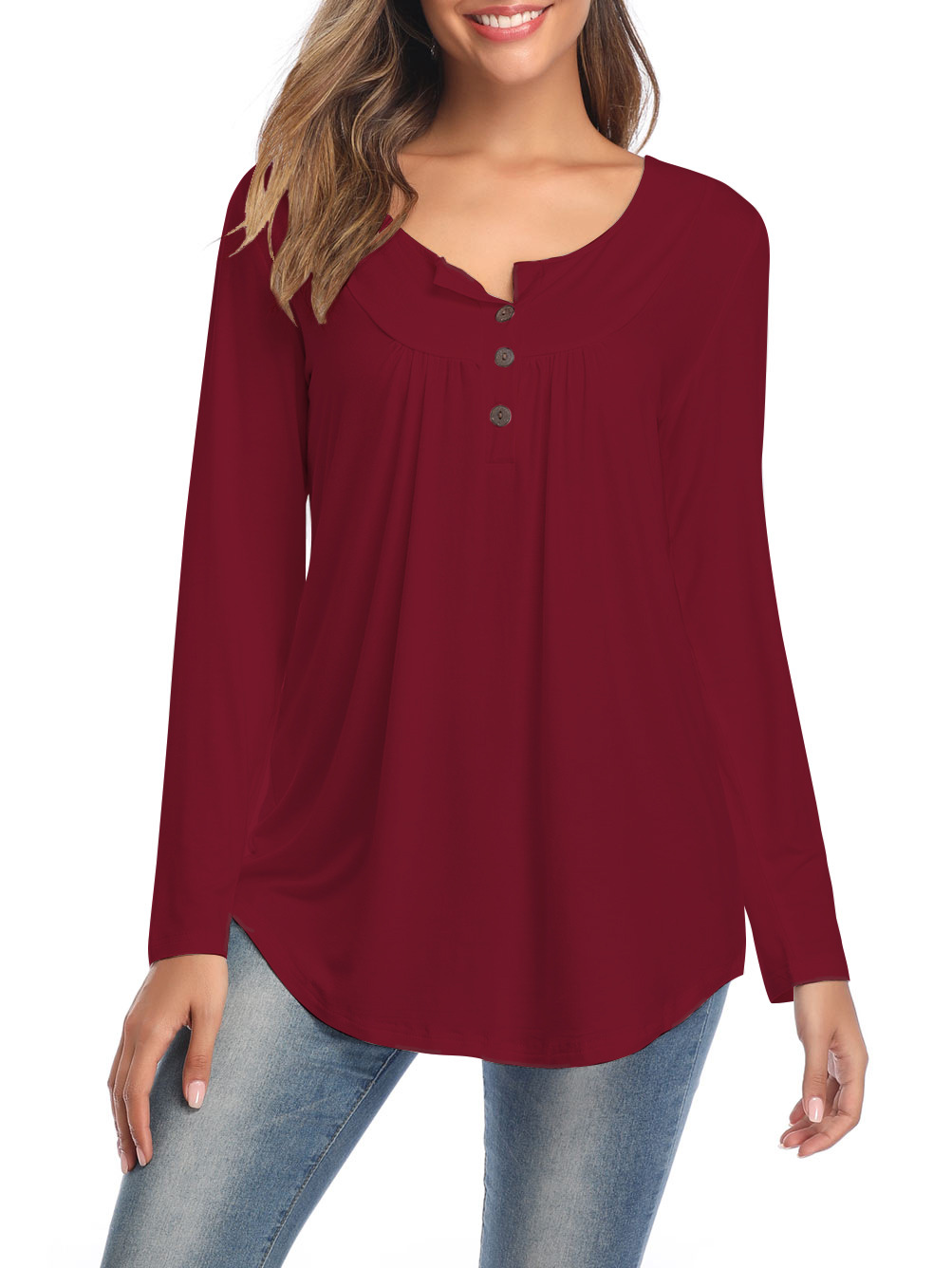 Amazon Popular 2019 Autumn New Large Size Dress V-neck Button Long-Sleeved Upper Garment Plain Pleated Loose T-shirt Amazon Popular 2019 Autumn New Large Size Dress V-neck Button Long-Sleeved Upper Garment Plain Pleated Loose T-shirt
