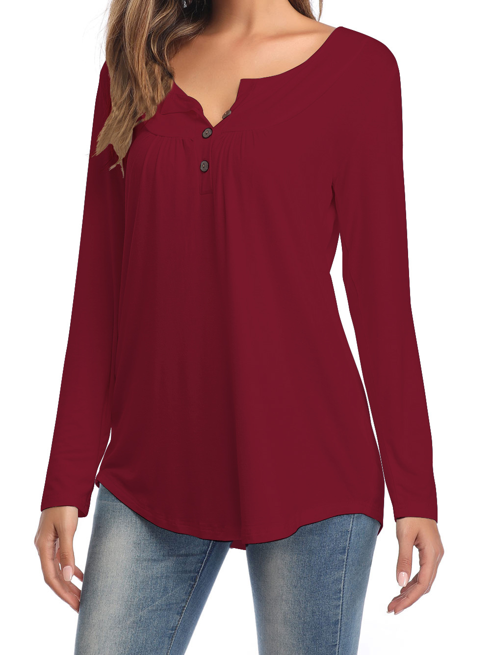 Amazon Popular 2019 Autumn New Large Size Dress V-neck Button Long-Sleeved Upper Garment Plain Pleated Loose T-shirt Amazon Popular 2019 Autumn New Large Size Dress V-neck Button Long-Sleeved Upper Garment Plain Pleated Loose T-shirt