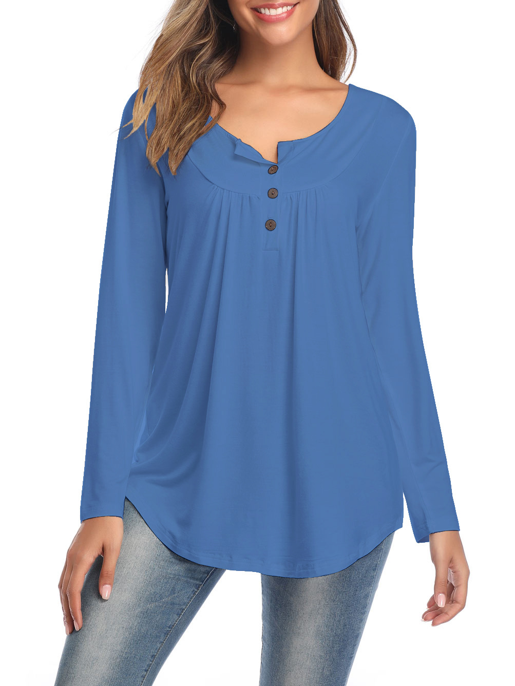 Amazon Popular 2019 Autumn New Large Size Dress V-neck Button Long-Sleeved Upper Garment Plain Pleated Loose T-shirt Amazon Popular 2019 Autumn New Large Size Dress V-neck Button Long-Sleeved Upper Garment Plain Pleated Loose T-shirt