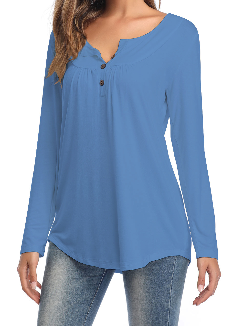 Amazon Popular 2019 Autumn New Large Size Dress V-neck Button Long-Sleeved Upper Garment Plain Pleated Loose T-shirt Amazon Popular 2019 Autumn New Large Size Dress V-neck Button Long-Sleeved Upper Garment Plain Pleated Loose T-shirt