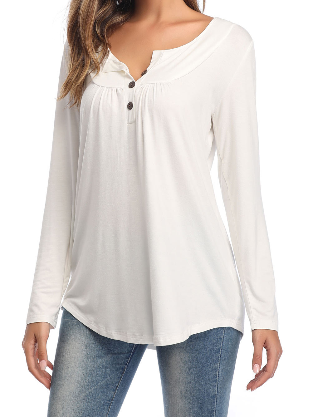 Amazon Popular 2019 Autumn New Large Size Dress V-neck Button Long-Sleeved Upper Garment Plain Pleated Loose T-shirt Amazon Popular 2019 Autumn New Large Size Dress V-neck Button Long-Sleeved Upper Garment Plain Pleated Loose T-shirt