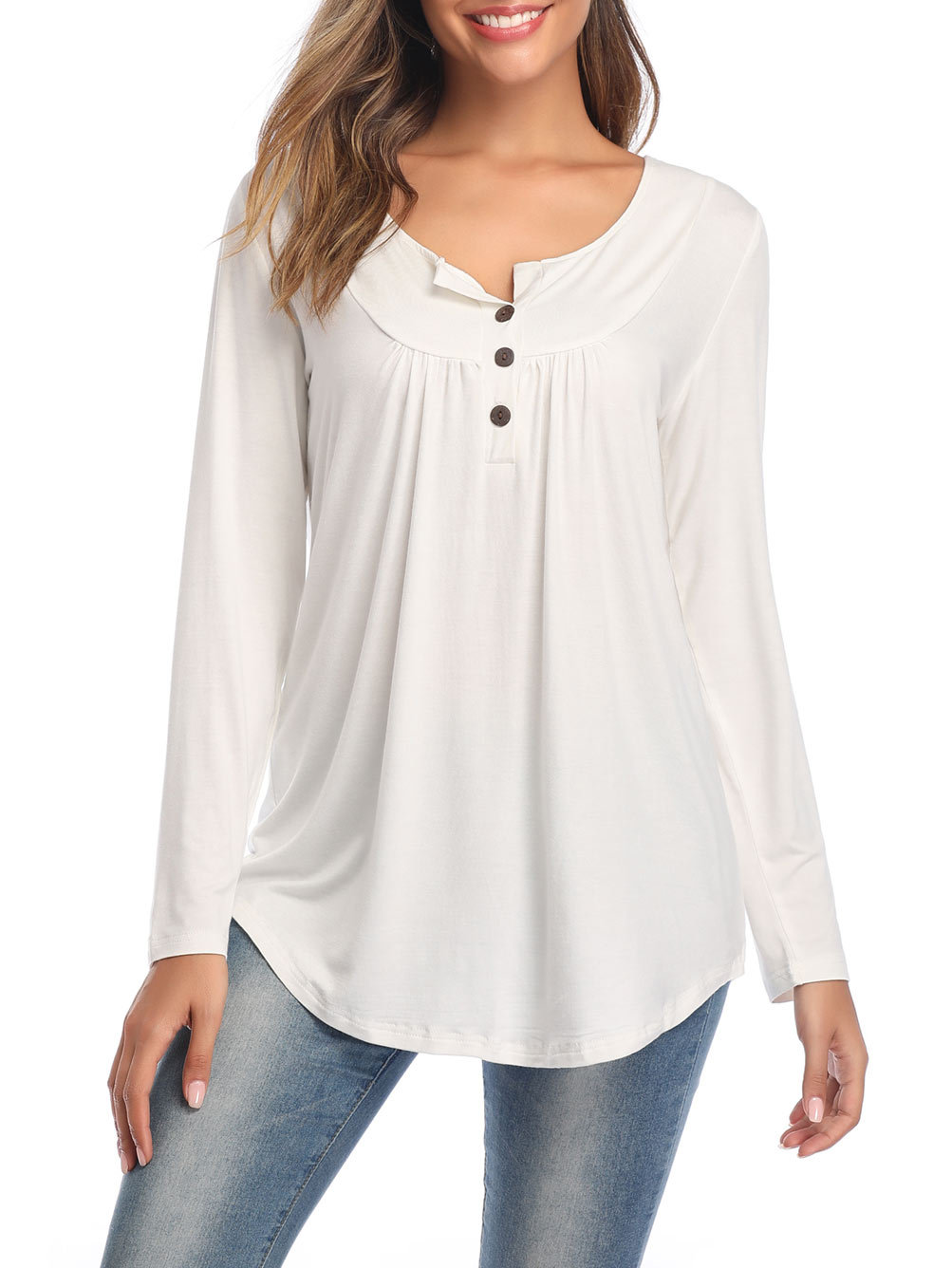 Amazon Popular 2019 Autumn New Large Size Dress V-neck Button Long-Sleeved Upper Garment Plain Pleated Loose T-shirt Amazon Popular 2019 Autumn New Large Size Dress V-neck Button Long-Sleeved Upper Garment Plain Pleated Loose T-shirt