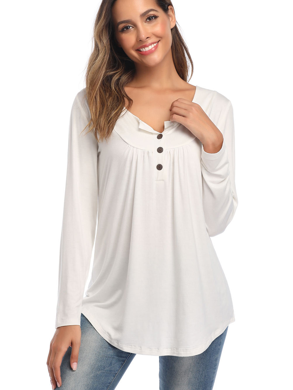 Amazon Popular 2019 Autumn New Large Size Dress V-neck Button Long-Sleeved Upper Garment Plain Pleated Loose T-shirt Amazon Popular 2019 Autumn New Large Size Dress V-neck Button Long-Sleeved Upper Garment Plain Pleated Loose T-shirt