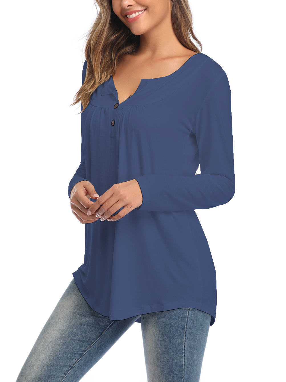 Amazon Popular 2019 Autumn New Large Size Dress V-neck Button Long-Sleeved Upper Garment Plain Pleated Loose T-shirt Amazon Popular 2019 Autumn New Large Size Dress V-neck Button Long-Sleeved Upper Garment Plain Pleated Loose T-shirt