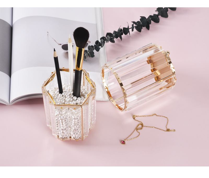 Creative Makeup Brush Holder Nordic Golden Glass Vase Eyebrow Pencil Beauty Container Geometric Pen Container Multifunctional Storage Box