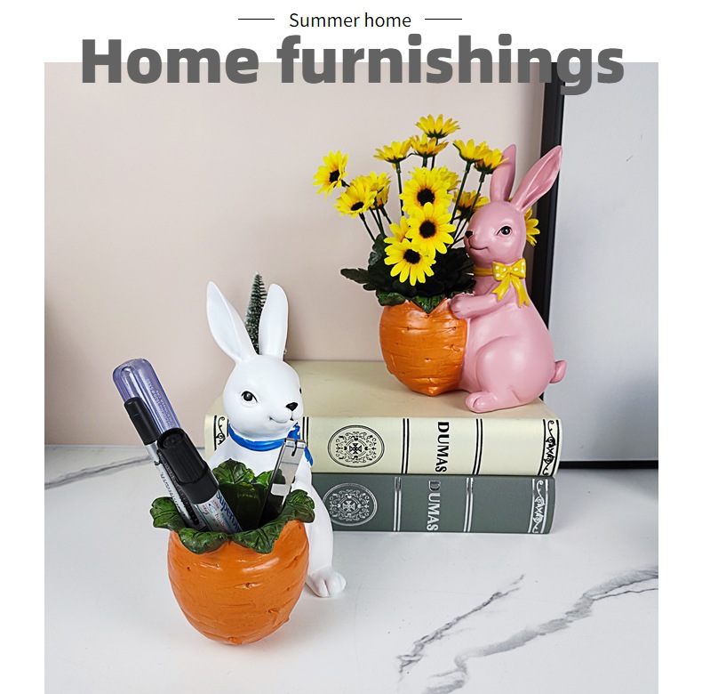 Creative Bunny Pencil Vase Decoration Pastoral Resin Crafts Home Living Room Decorations Office Desk Surface Panel Storage Bucket