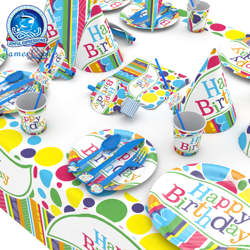 Hot Sale Birthday Party Theme Decoration Disposable Tableware Suit Triangular Flag Paper Tray Paper Cup Party Supplies Wholesale