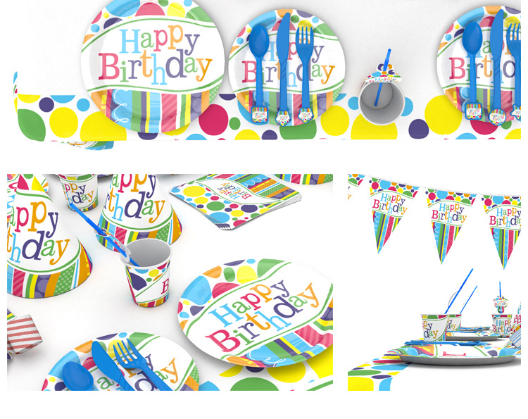 Hot Sale Birthday Party Theme Decoration Disposable Tableware Suit Triangular Flag Paper Tray Paper Cup Party Supplies Wholesale