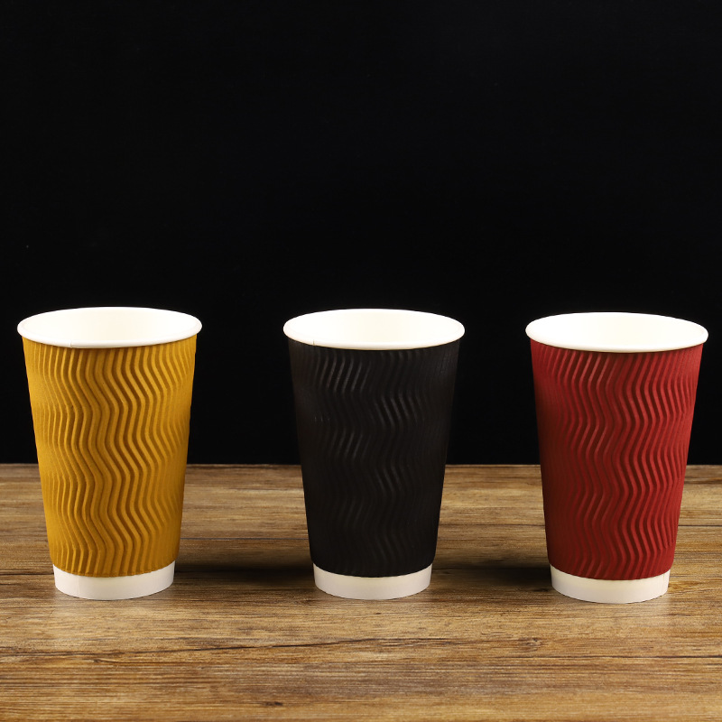 Internet Celebrity Three-Layer Anti-Scald Fine Corrugated Paper Cup Thickened Commercial Hot Drink Paper Cup Non-Slip Disposable Coffee Paper Cup with Lid