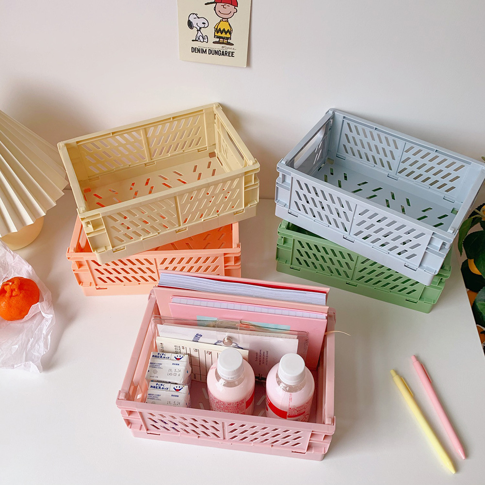 Korean Ins Foldable Plastic Storage Box Student Desktop Finishing Journal Tape Stationery Skin Care Products Storage Basket