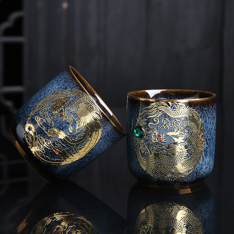Dragon Phoenix Couple Cups Kiln Baked Master Cup Tianmu Rabbit Hair Writing Brush Large Single Cup Pu&#039;er Kung Fu Tea Cup