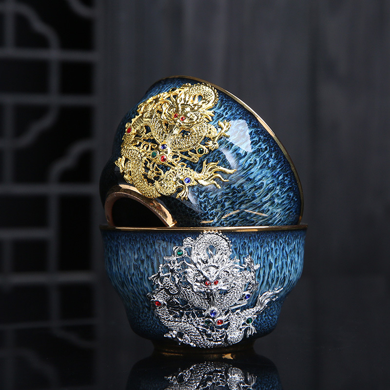Dragon Phoenix Couple Cups Kiln Baked Master Cup Tianmu Rabbit Hair Writing Brush Large Single Cup Pu&#039;er Kung Fu Tea Cup