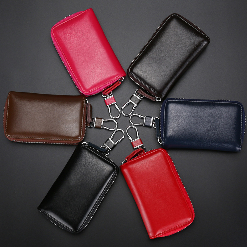 Key Case Genuine Leather Women&#039;s Automobile Waist Mounted MultiFunctional Household Zipper Key Bag Buckle Sets Black