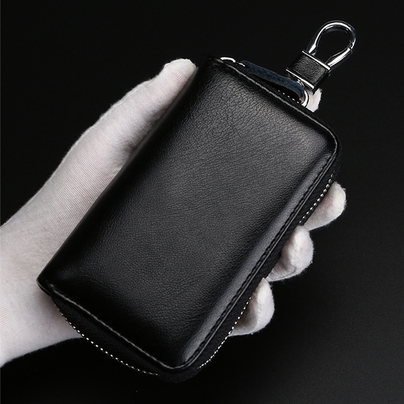 Key Case Genuine Leather Women&#039;s Automobile Waist Mounted MultiFunctional Household Zipper Key Bag Buckle Sets Black
