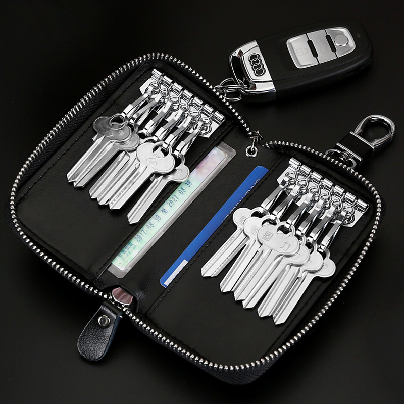 Key Case Genuine Leather Women&#039;s Automobile Waist Mounted MultiFunctional Household Zipper Key Bag Buckle Sets Black