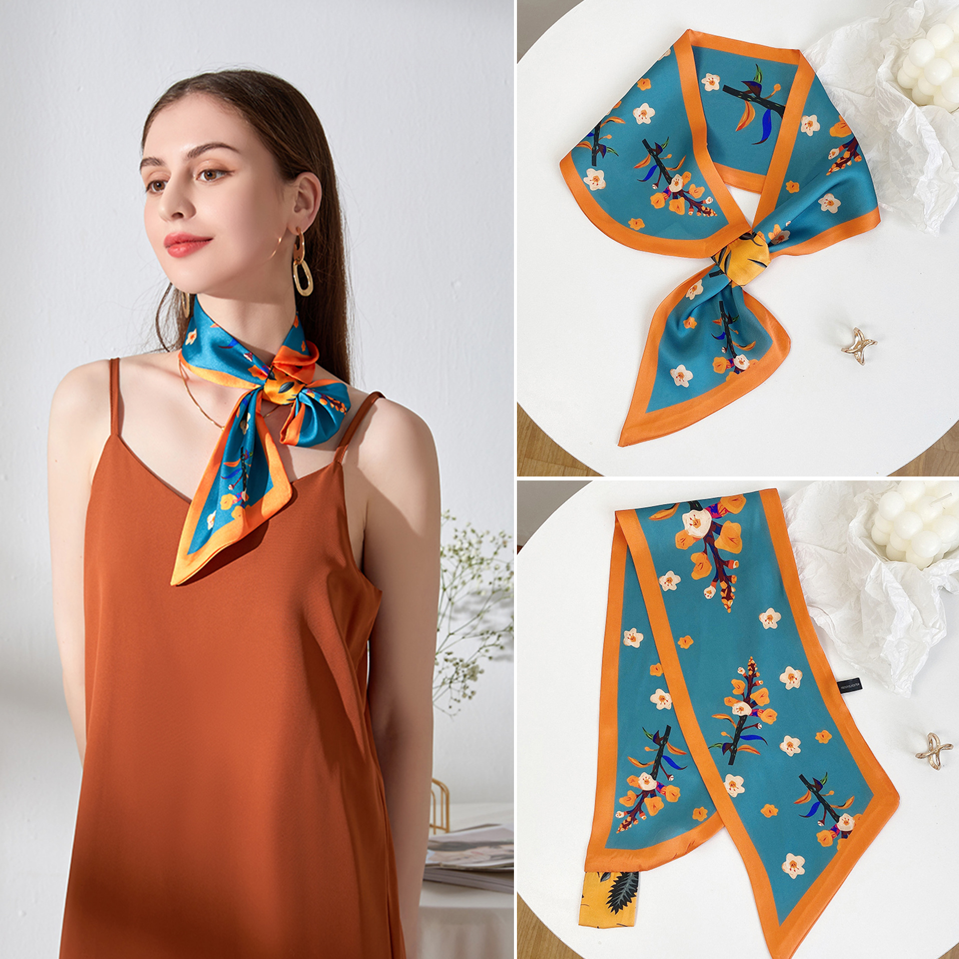 INS Style Gentle and Elegant Hair Tie Perforated Hair Band Long Silk Scarf Female Retro French Ribbon Arm Bag Silk Scarf Wholesale