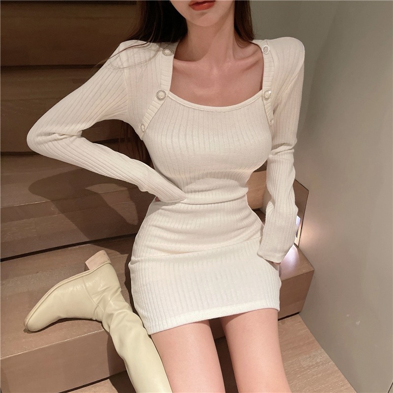 2022spring and Autumn New Korean Style Sense of Design Long Sleeve Square-Neck Slim Bottoming Knitted Bag Arm Dress Women's Clothing