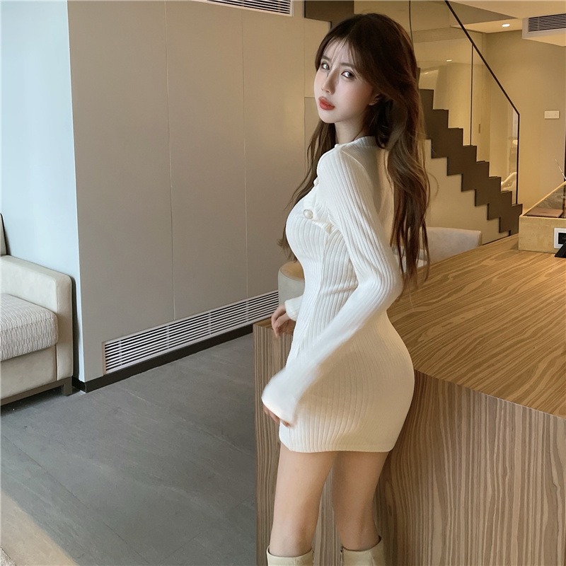 2022spring and Autumn New Korean Style Sense of Design Long Sleeve Square-Neck Slim Bottoming Knitted Bag Arm Dress Women's Clothing