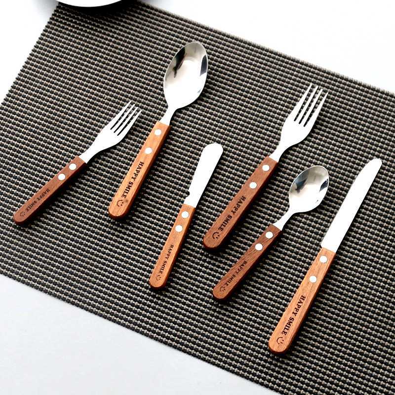 Japanese Imported Vigorous Smiley Face Stainless Steel Wooden Handle Knife, Fork and Spoon Ins Same Style Dessert Spoon Sauce Knife Western Food Knife and Fork