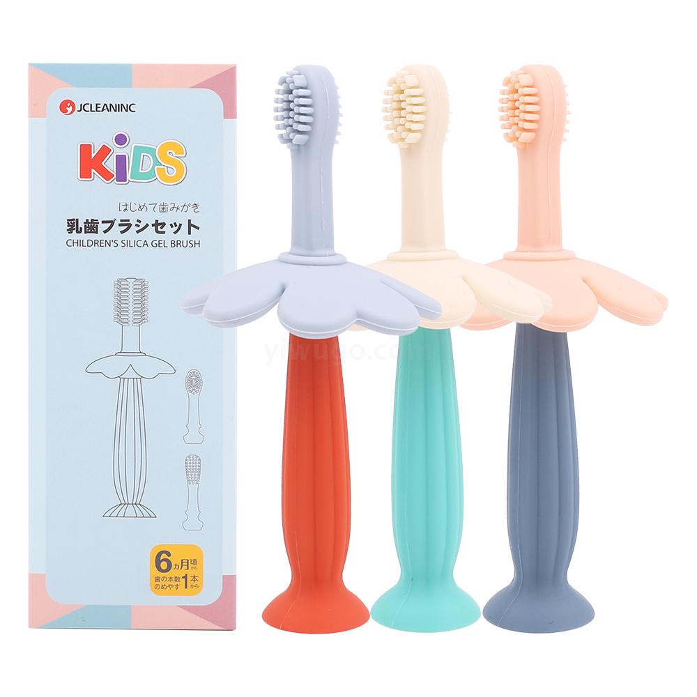 Silicone baby toothbrush set with soft adhesive 3 replacement head box with cartoon suction cup soft baby baby baby tooth brush