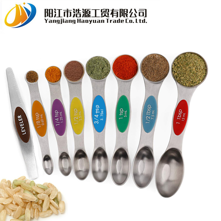Baking Tool Stainless Steel Measuring Spoons-Dual Ends 8-Piece Set Seasoning Spoon Scale Measuring Magnetic Holder Spoon Scraper